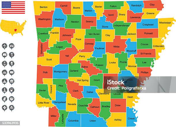 Ilustración de Detallado Vector Map Of Arkansas y más Vectores Libres de Derechos de 2015 - 2015, América del norte, Arkansas