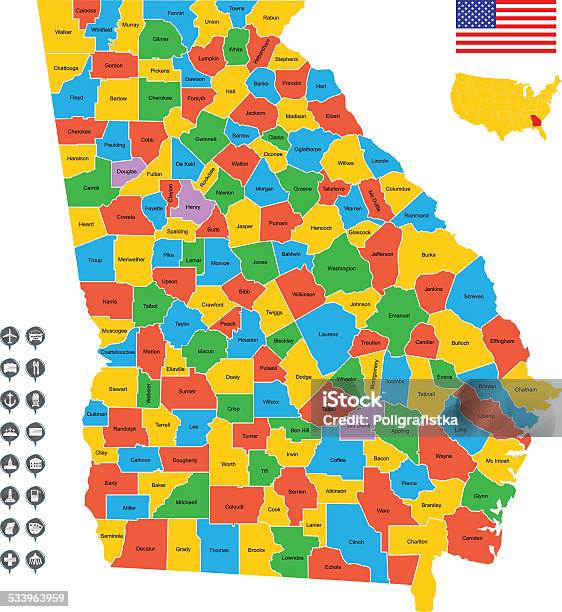 Ilustración de Detallado Vector Map Of Georgia y más Vectores Libres de Derechos de 2015 - 2015, América del norte, Atlanta