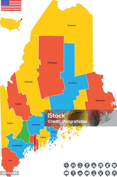 Ilustración de Detallado Vector Map Of Maine y más Vectores Libres de Derechos de 2015 - 2015, América del norte, Augusta - Maine