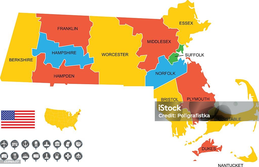 Detallado Vector Map of Massachusetts - arte vectorial de Mapa libre de derechos