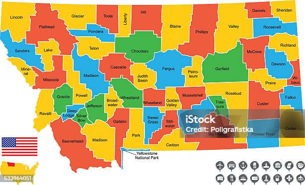 Ilustración de Detallado Vector Map Of Montana y más Vectores Libres de Derechos de 2015 - 2015, América del norte, Bandera