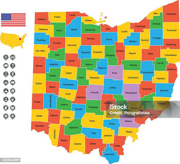 Ilustración de Detallado Vector Map Of Ohio y más Vectores Libres de Derechos de 2015 - 2015, América del norte, Bandera