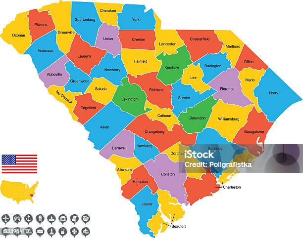 Ilustración de Detallado Vector De Mapa De Carolina Del Sur y más Vectores Libres de Derechos de 2015 - 2015, América del norte, Bandera