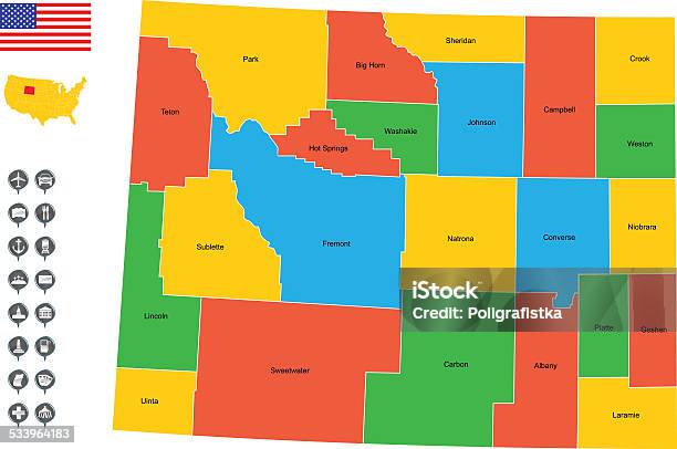 Ilustración de Detallado Vector De Mapa De Wyoming y más Vectores Libres de Derechos de 2015 - 2015, América del norte, Bandera