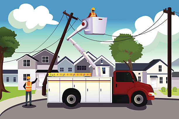 Worker fixing broken power lines A vector illustration of worker fixing broken power lines electricity drawings stock illustrations