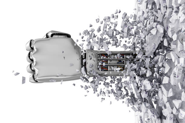 istock Metal Robotic Hand Breaking Through From Concrete Wall 533966729