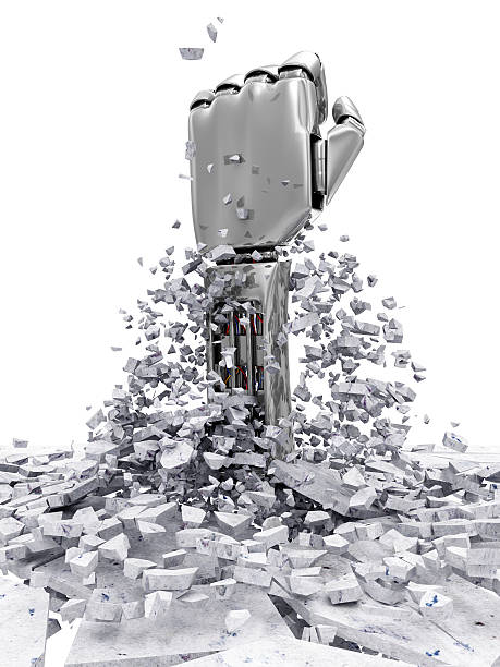 istock Metal Robotic Hand Breaking Through From Concrete Wall 533966763
