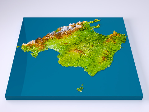 3D Render of a Topographic Map Model of Mallorca Island, Baleares, Mediterranean Sea. Exaggerated Elevation.