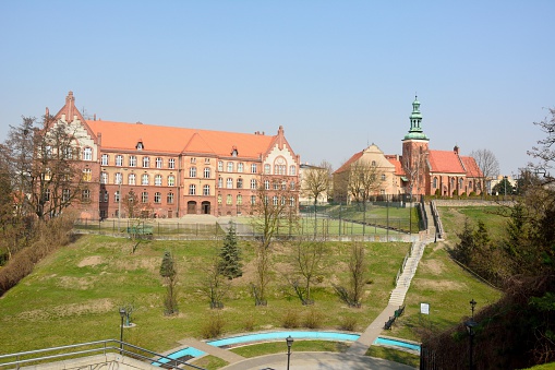 View of Church of St Jan Chrzcicela and Gymnasium No. 1 in Gniezno, Poland.