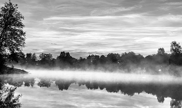 istock fog at lake black and white 533975864