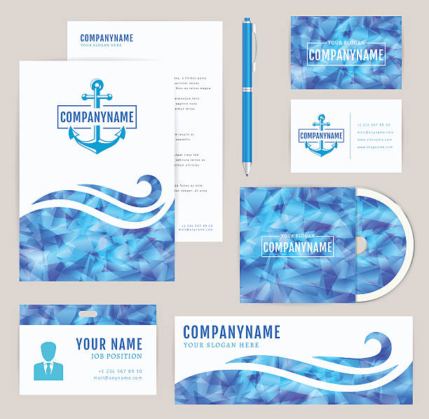 Corporate identity set. Sea collection. Set of corporate identity templates with anchor logo. Nautical and sea themes. Flyer, id card, cd cover, banner and business card. Elegant branding design with a triangular pattern. Vector collection. business cards and stationery stock illustrations