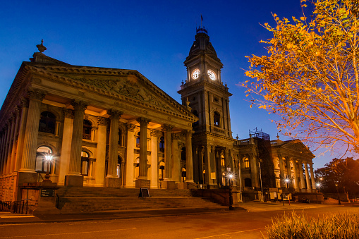 Fitzroy Town Hall in Fitzroy, Melbourne, at dusk.