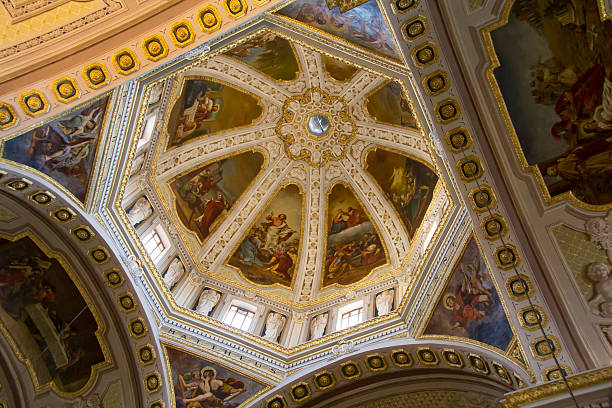 Directly below view of an ornate church ceiling