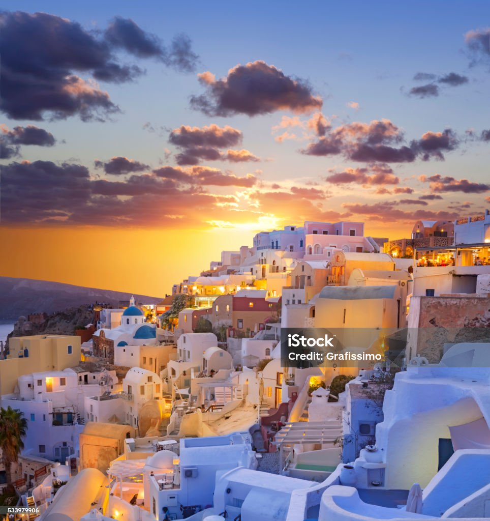 Santorini sunset over the village of Oia in Greece Santorini Stock Photo