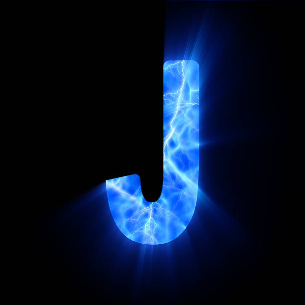 Blue fire letter. J. Bright blue glowing letter on black background. plasma letter j stock pictures, royalty-free photos & images
