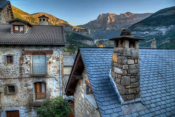 Sunset in the Pyrenees behind the town of Torla in Spain