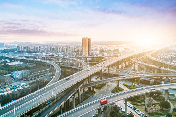 traffic and overpass aerial view of overpass in shanghai overpass road stock pictures, royalty-free photos & images