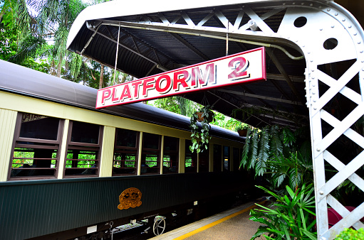 Cairns, Australia - April 17, 2016: Kuranda Scenic Railway stop in Kuranda train station a very popular tourist attraction in the tropical north of Queensland Australia