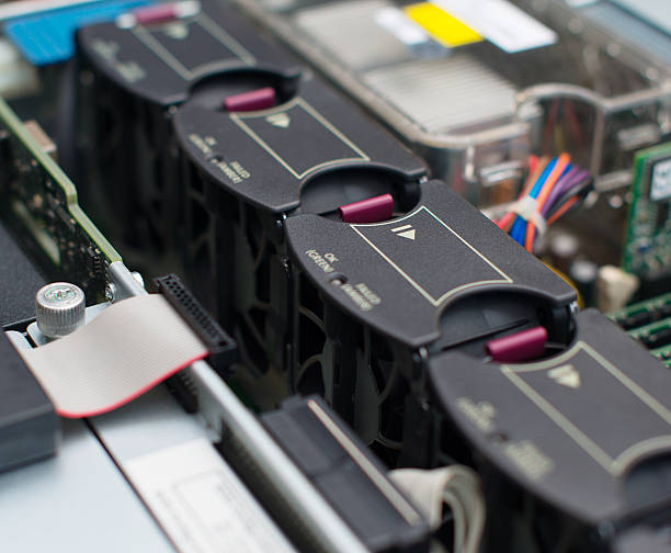 istock Inside of server pc. Motherboard with many cooler fans. 533987264
