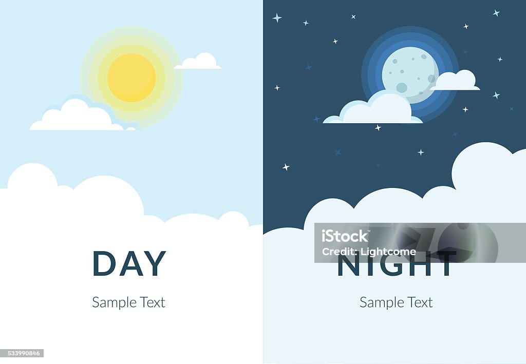 Half day night of sun and moon with clouds Half day and night, sun and moon with clouds. Flat illustration of sky and weather broadcasting, cloud and life, period and cycle for banners of mobile app backgrounds Sun stock vector