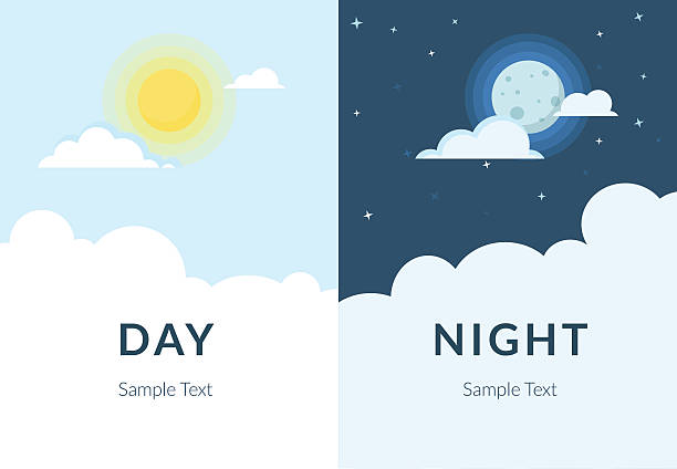 Half day night of sun and moon with clouds Half day and night, sun and moon with clouds. Flat illustration of sky and weather broadcasting, cloud and life, period and cycle for banners of mobile app backgrounds morning afternoon night stock illustrations