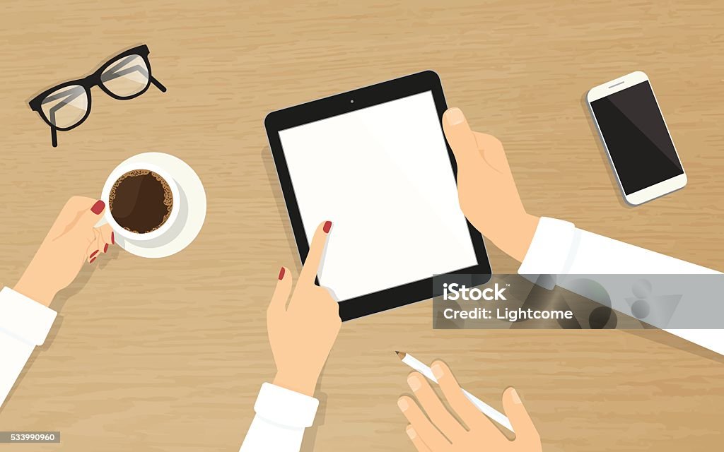Human hands hold a tablet pc with empty display Human hands hold a blank tablet pc with empty display and showing something to his colleague. Top view of realistic wooden table on the office with grasses, smartphone and coffee cup Digital Tablet stock vector