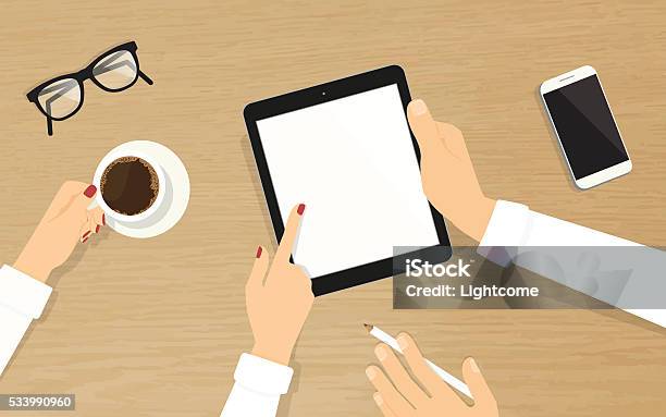 Human Hands Hold A Tablet Pc With Empty Display Stock Illustration - Download Image Now - Digital Tablet, Business, Advice