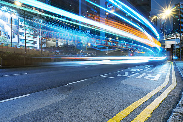 istock light trails in the downtown district,hongkong 533991322