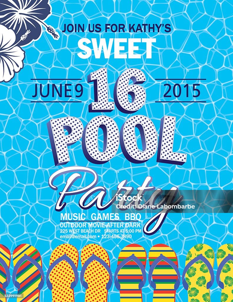 Sweet 16 Pool Party Invitation With Water Palm Trees Sweet 16 Pool Party Invitation With one blue and one white hibiscus flower in top left corner on a blue background with white honey comb design pattern on top.  The text is blue and white with blue polka dots.  There are brightly multicolored flip-flops arranged horizontally across the bottom of the invitation. Pool Party stock vector