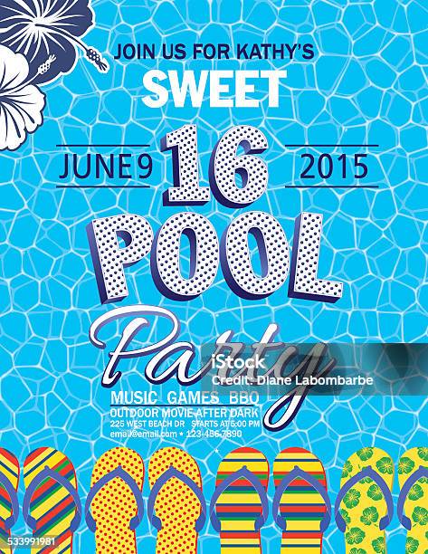 Sweet 16 Pool Party Invitation With Water Palm Trees Stock Illustration - Download Image Now
