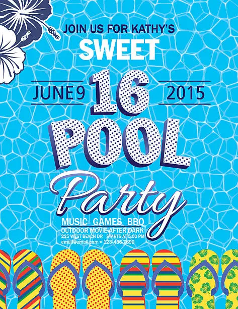 Vector illustration of Sweet 16 Pool Party Invitation With Water Palm Trees