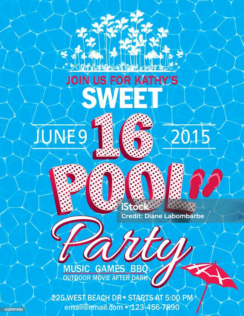 Sweet 16 de la fiesta junto a la piscina con palmeras invitación agua - arte vectorial de Fiesta de piscina libre de derechos