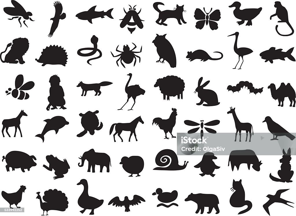 animals silhouettes set silhouettes of wild and domestic animals, birds and insects on a white background. In Silhouette stock vector