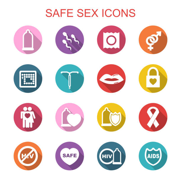 ilustraciones, imágenes clip art, dibujos animados e iconos de stock de sexo seguro long shadow iconos - hiv aids condom sex