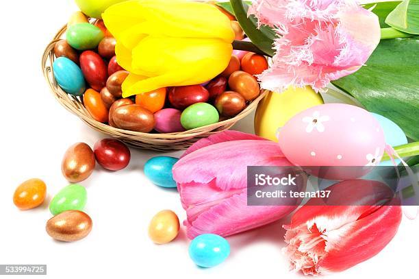 Easter Eggs And Flowers Stock Photo - Download Image Now - 2015, Animal Nest, Basket