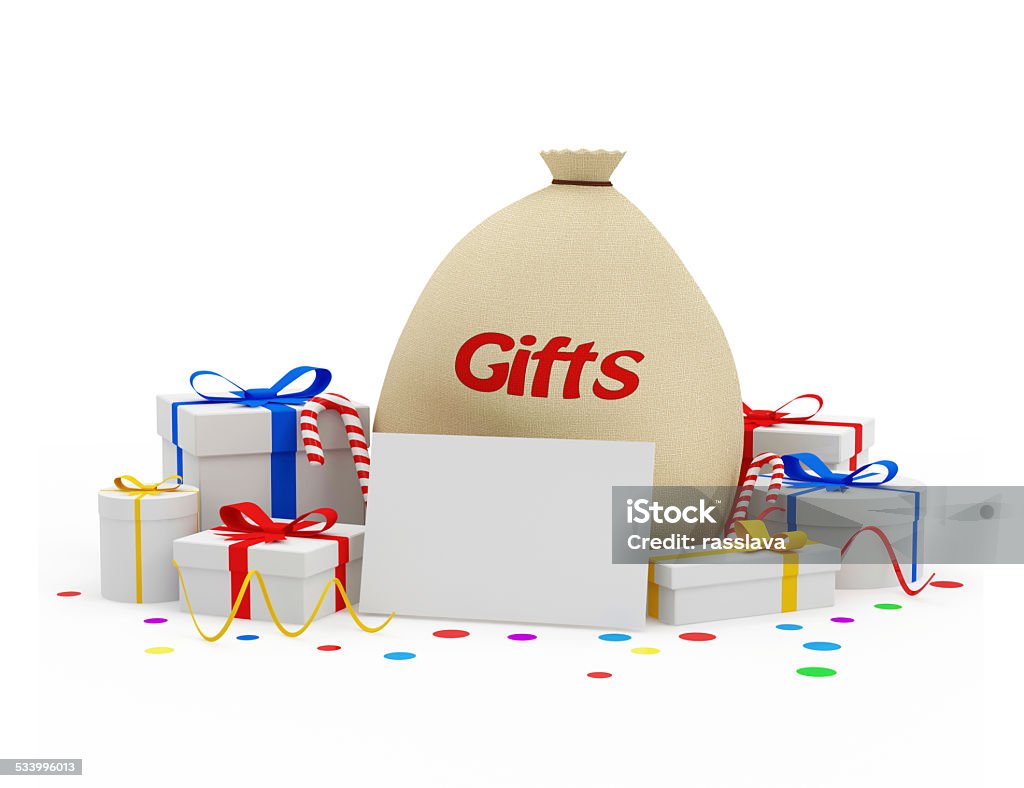 Gift Bag and Gift Boxes with blank board Gift Bag and Gift Boxes with blank board isolated on white background 2015 Stock Photo