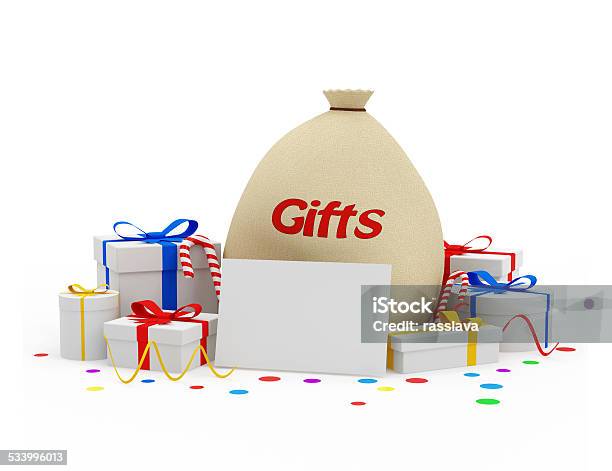 Gift Bag And Gift Boxes With Blank Board Stock Photo - Download Image Now - 2015, Alphabet, Anniversary