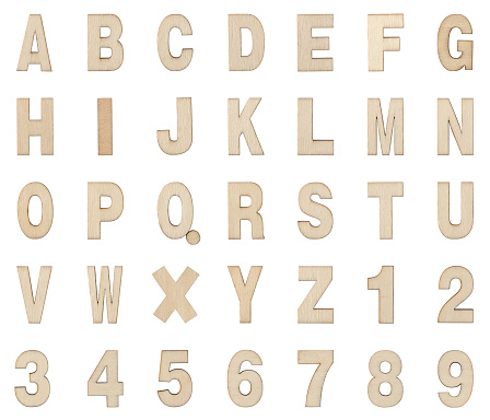 Wooden Alphabet and Numbers Collection , Clipping path , Isolated on white