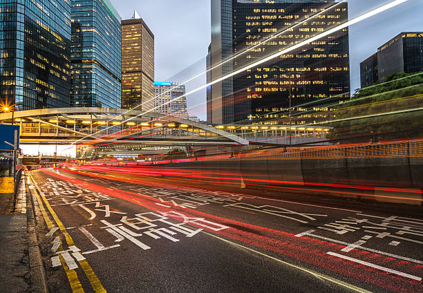 istock light trails in the downtown district,hongkong 533996894