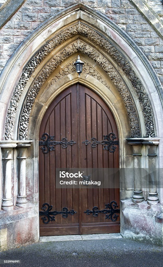 Wooden church door Gothic style 2015 Stock Photo