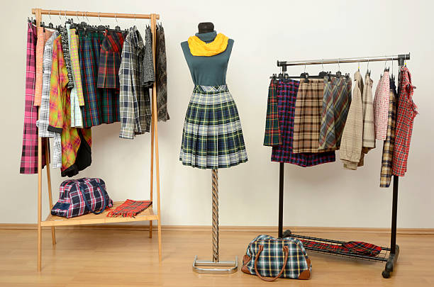istock Colorful wardrobe with tartan clothes and accessories. 533999527