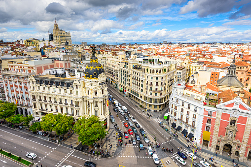 Madrid, Spain cityscape above Gran Via shopping street.