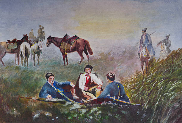 Ukrainian cossacks in morning watch Watercolor painting of Ukrainian cossacks in morning watch cossack stock illustrations