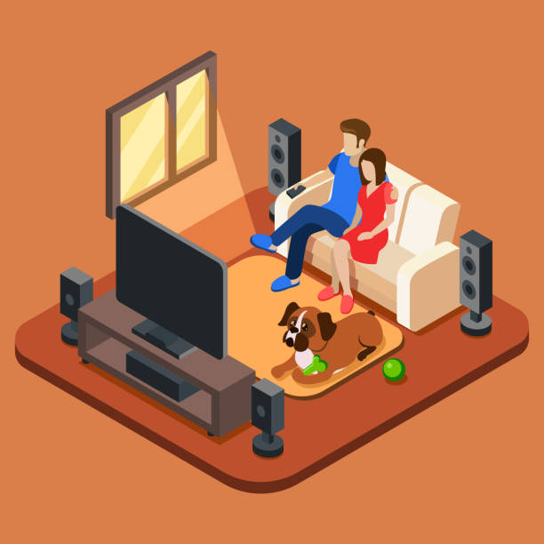 rodziny w salonie oglądanie telewizji - remote dog control animal stock illustrations
