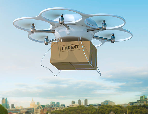 istock Delivery drone carrying urgent shipment box in a city. 534002939