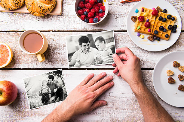 istock Fathers day composition. Black-and-white photos, breakfast meal 534004556