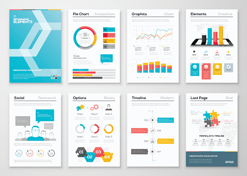 Infographic flyer and brochure designs and web templates vectors. Data visualization and statistic elements for print, website, corporate reports and graphic projects.