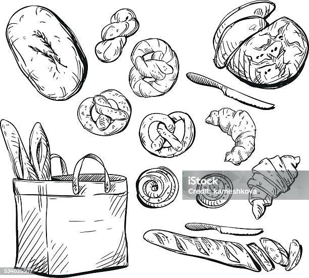 Bread Buns Baking Vector Illustration Stock Illustration - Download Image Now - Paper Bag, Cereal Plant, Drawing - Activity