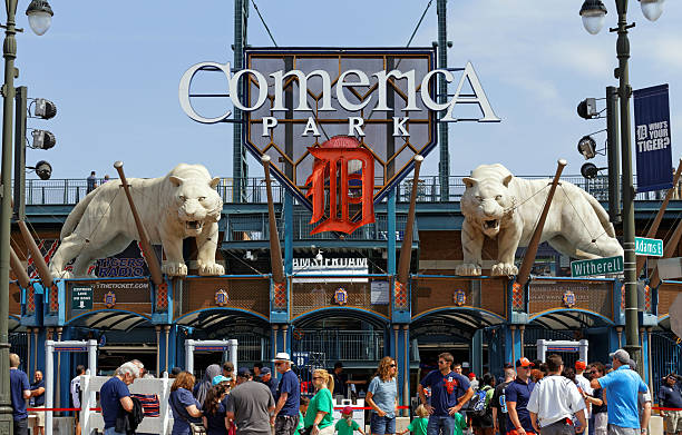 Comerica Park Detroit, MI, USA - July 31, 2014: Fans prepare to enter Comerica Park located in Detroit, Michigan. Comerica Park is a MLB ballpark and home to the Detroit Tigers baseball team. detroit tigers stock pictures, royalty-free photos & images