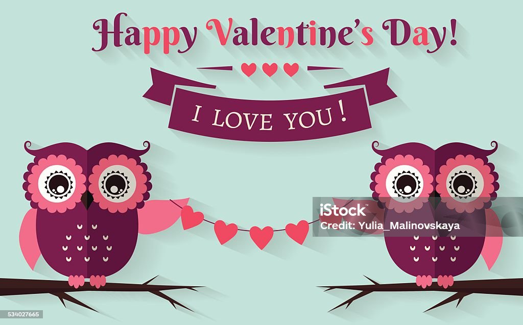 Happy Valentine's Day! Vector greeting card with flat owls. Happy Valentine's Day! I love you! Valentine's Day card with cute owls. Flat style with long shadows. Vector illustration. 2015 stock vector